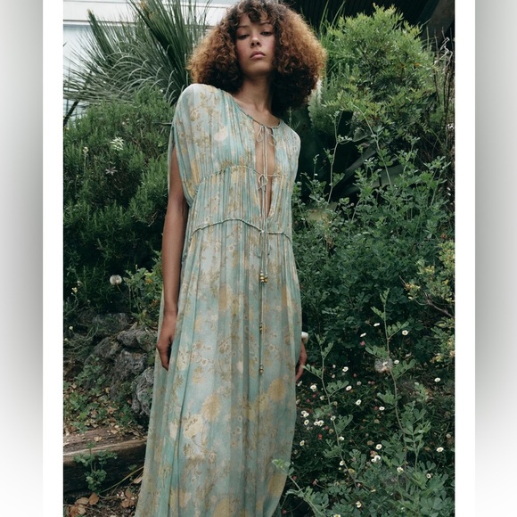 Zara Dresses & Skirts - Bohemian Tie-Front Maxi Dress in Sage with Gold Floral